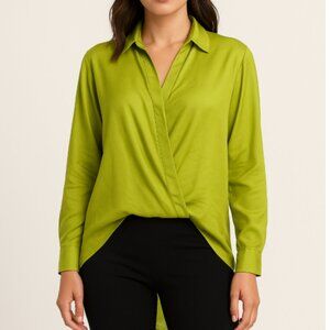 Rachel Ray Women’s Green Silk High-Low Long Sleeve Blouse, size Large